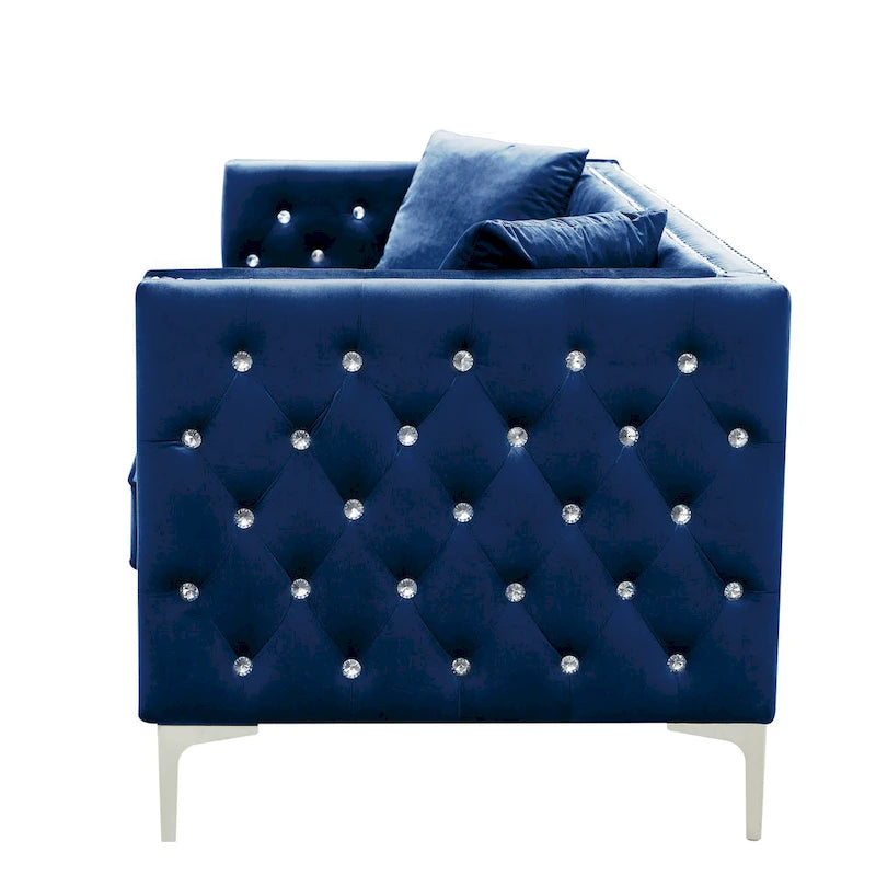 Square Arm Velvet Loveseat with Jeweled buttons and 2 Pillows
