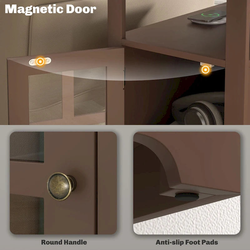 End Table with Charging Station, Narrow Side Table with USB Ports and Outlets, Small Table with Hidden Storage and Open Shelf