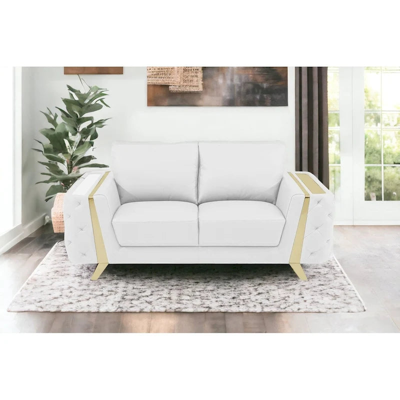 72 Inch White and Gold Genuine Leather Loveseat