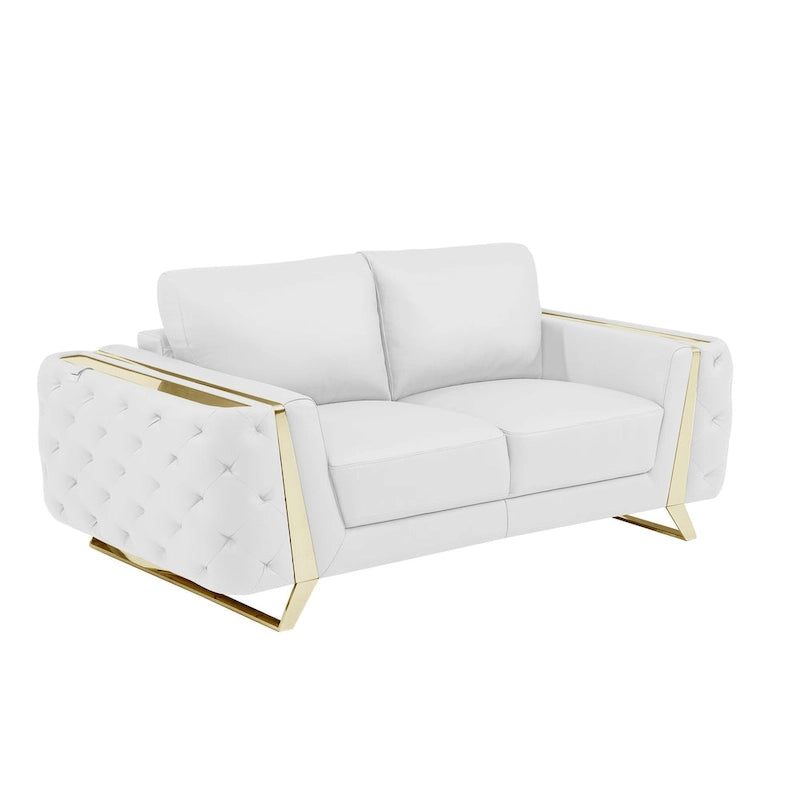 72 Inch White and Gold Genuine Leather Loveseat