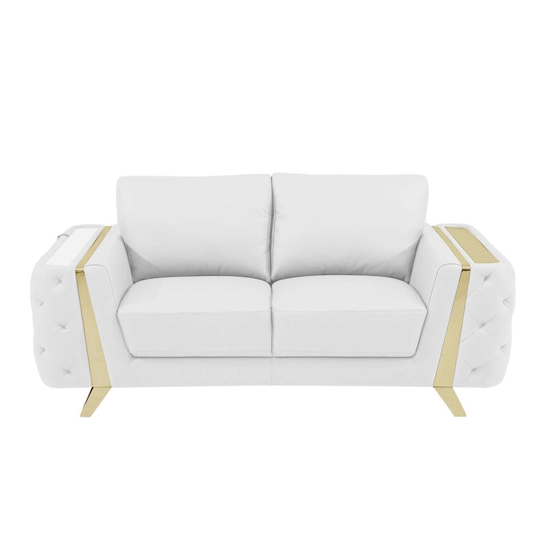 72 Inch White and Gold Genuine Leather Loveseat