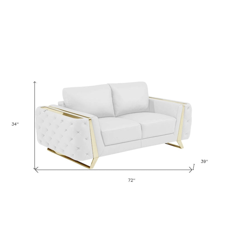 72 Inch White and Gold Genuine Leather Loveseat