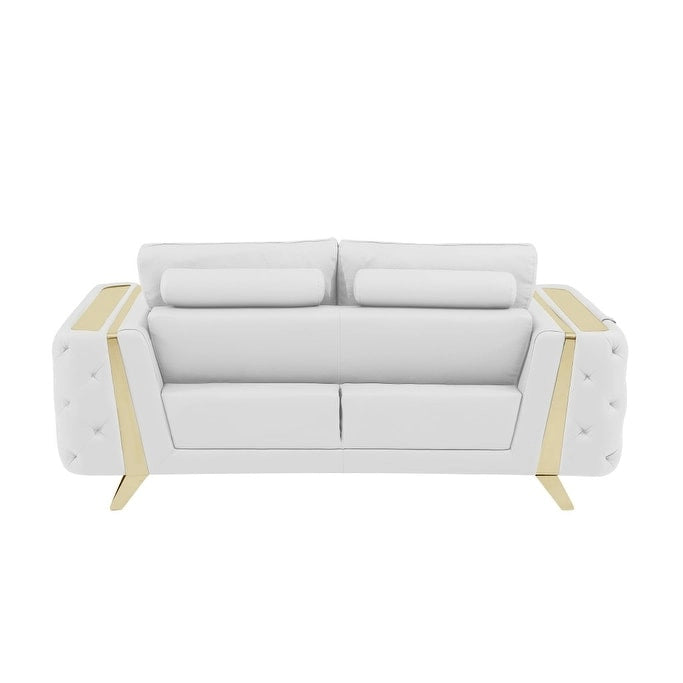 72 Inch White and Gold Genuine Leather Loveseat