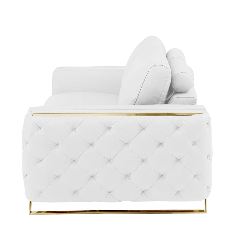 72 Inch White and Gold Genuine Leather Loveseat