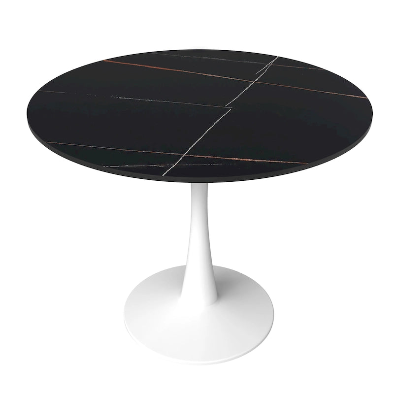 Bristol 31 Modern Round Dining Table with Sintered Stone Top & White Stainless Steel Pedestal Base for Dining Room and Kitchen