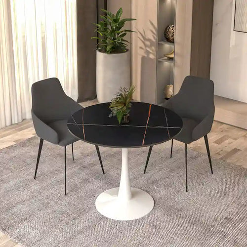 Table à manger ronde moderne de 79 cm avec plateau en pierre frittée et pied central en acier inoxydable blanc