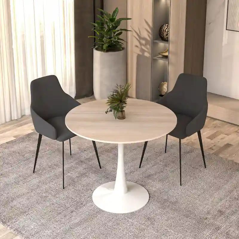 Bristol 31 Modern Round Dining Table with Sintered Stone Top & White Stainless Steel Pedestal Base for Dining Room and Kitchen