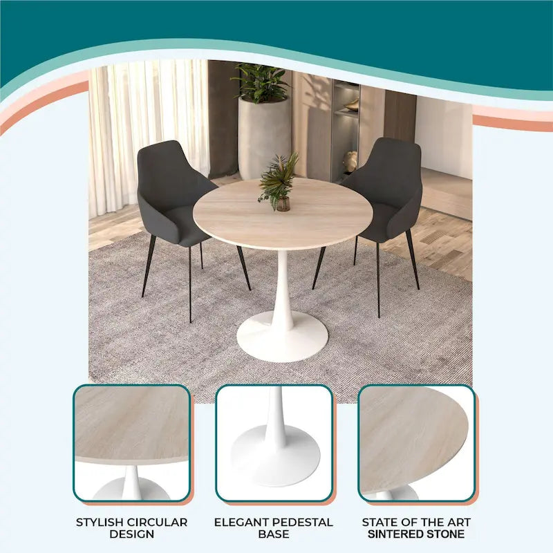 Bristol 31 Modern Round Dining Table with Sintered Stone Top & White Stainless Steel Pedestal Base for Dining Room and Kitchen