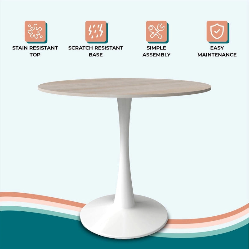 Bristol 31 Modern Round Dining Table with Sintered Stone Top & White Stainless Steel Pedestal Base for Dining Room and Kitchen