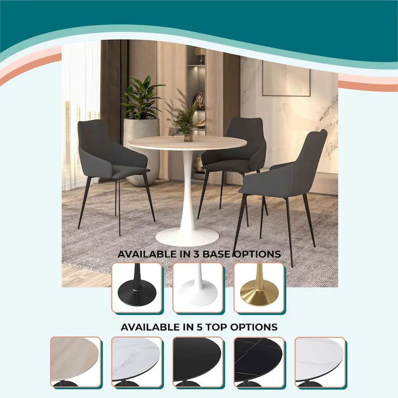 Bristol 31 Modern Round Dining Table with Sintered Stone Top & White Stainless Steel Pedestal Base for Dining Room and Kitchen