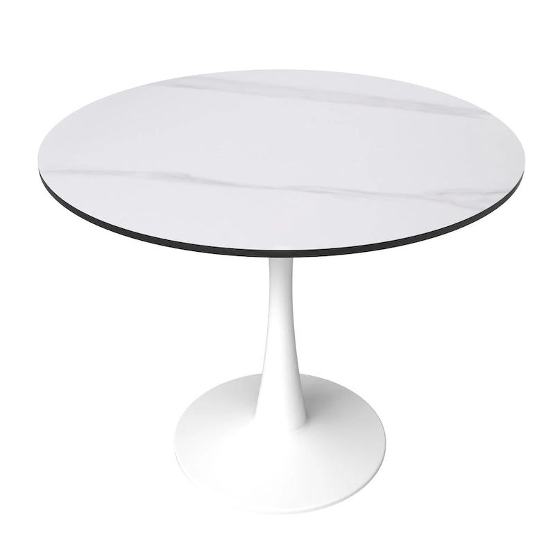 Bristol 31 Modern Round Dining Table with Sintered Stone Top & White Stainless Steel Pedestal Base for Dining Room and Kitchen