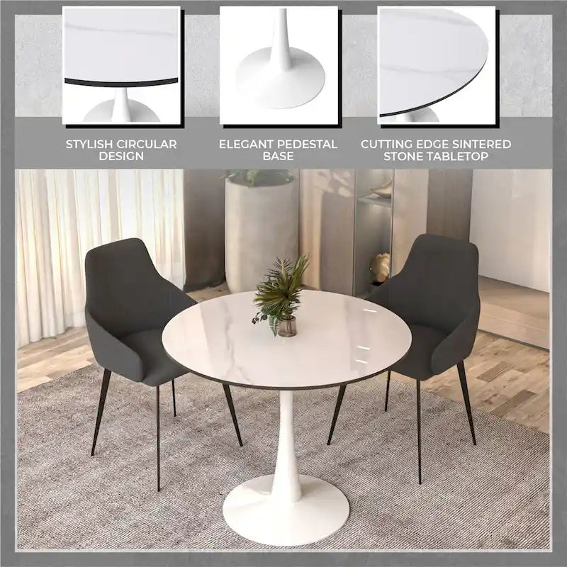 Bristol 31 Modern Round Dining Table with Sintered Stone Top & White Stainless Steel Pedestal Base for Dining Room and Kitchen