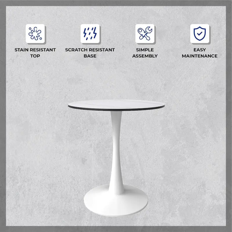 Bristol 31 Modern Round Dining Table with Sintered Stone Top & White Stainless Steel Pedestal Base for Dining Room and Kitchen