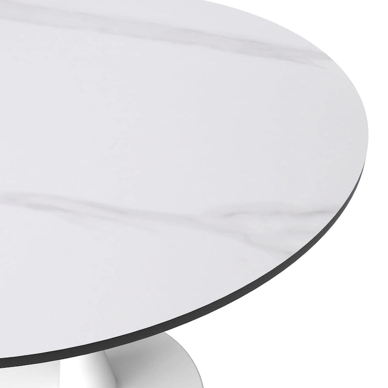 Bristol 31 Modern Round Dining Table with Sintered Stone Top & White Stainless Steel Pedestal Base for Dining Room and Kitchen