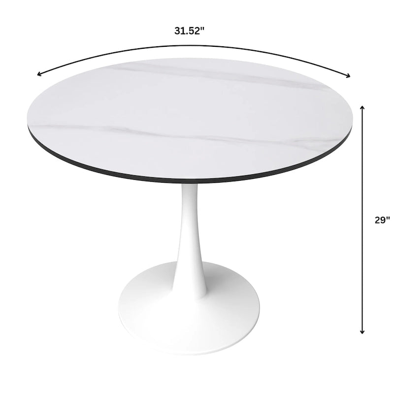 Bristol 31 Modern Round Dining Table with Sintered Stone Top & White Stainless Steel Pedestal Base for Dining Room and Kitchen