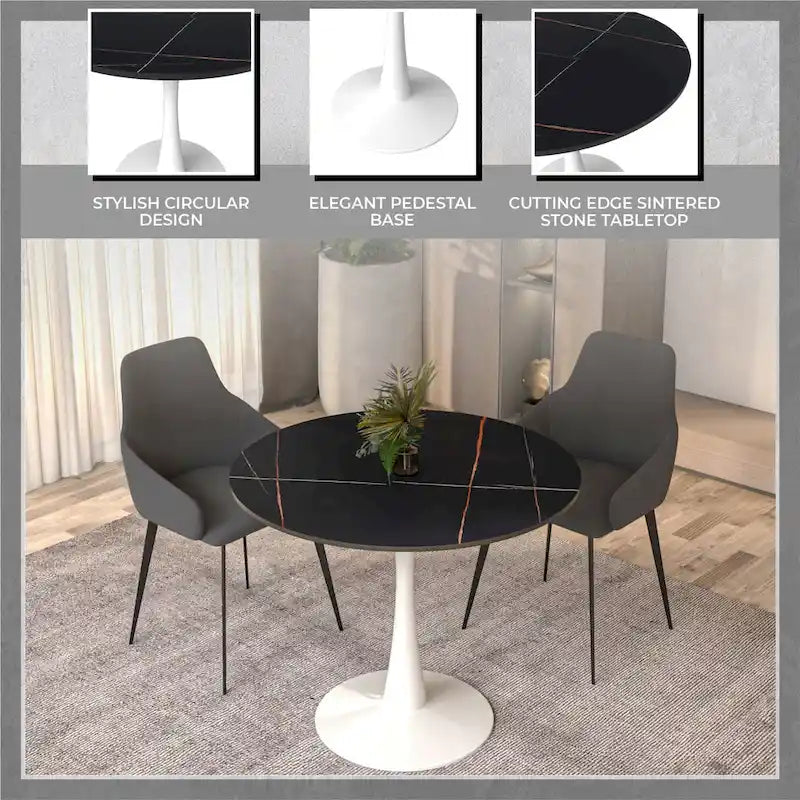 Bristol 31 Modern Round Dining Table with Sintered Stone Top & White Stainless Steel Pedestal Base for Dining Room and Kitchen
