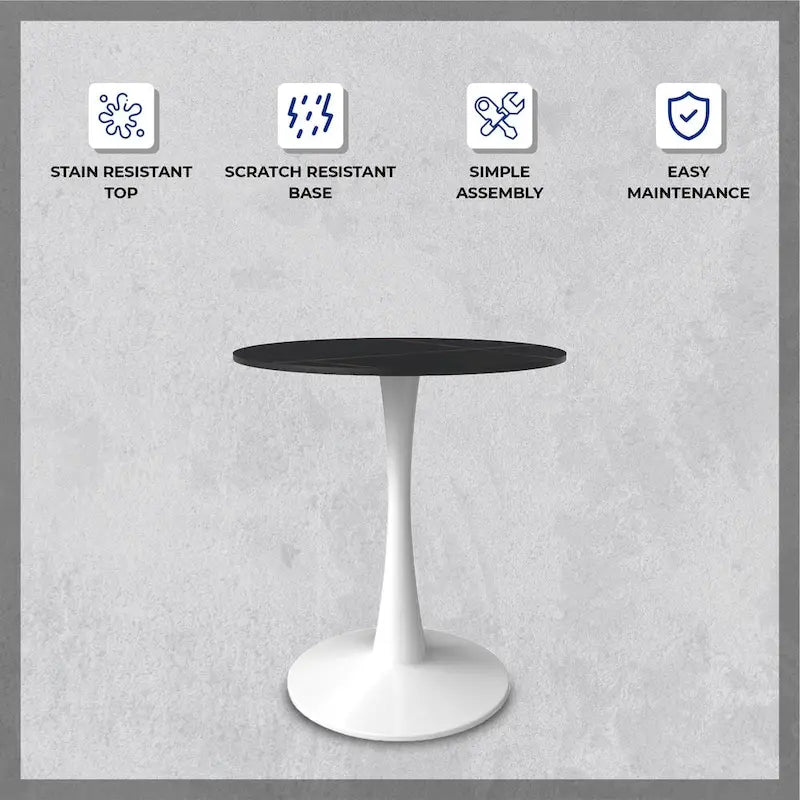 Bristol 31 Modern Round Dining Table with Sintered Stone Top & White Stainless Steel Pedestal Base for Dining Room and Kitchen