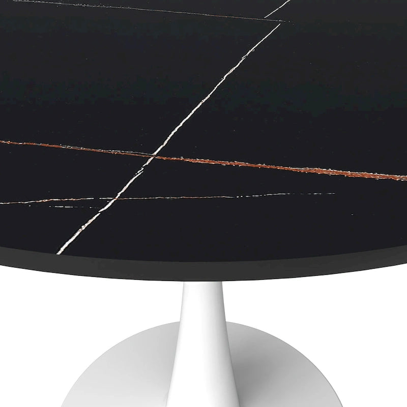 Bristol 31 Modern Round Dining Table with Sintered Stone Top & White Stainless Steel Pedestal Base for Dining Room and Kitchen
