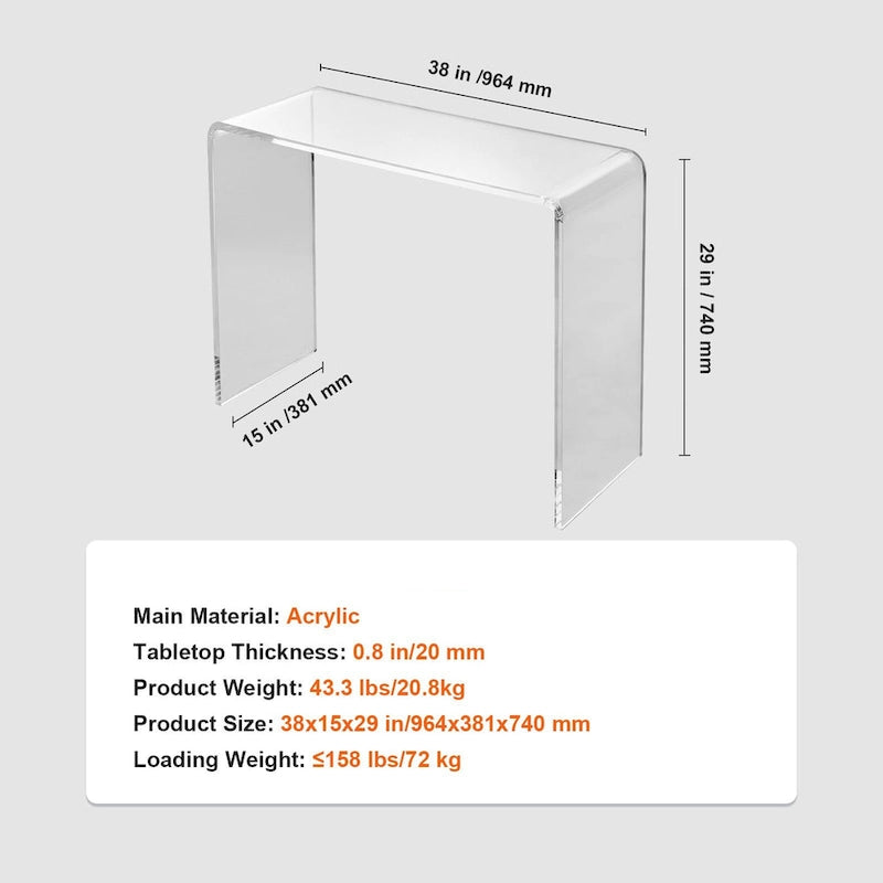 Clear Acrylic Rectangular Console Side End Table Perfect for Both Indoor and Outdoor Use - 38x15x29 in