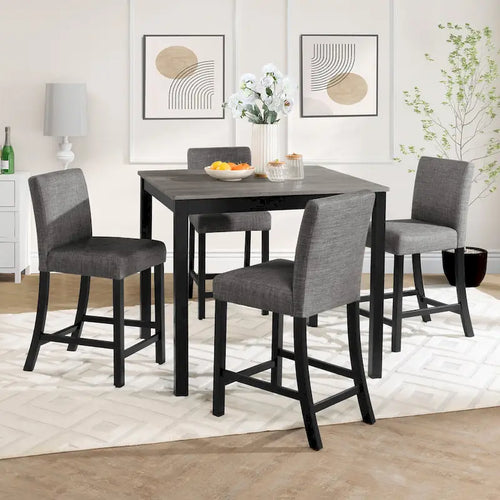 Ensemble table de bar 5 pièces, ensemble table et chaises de cuisine en bois avec table carrée et 4 chaises rembourrées