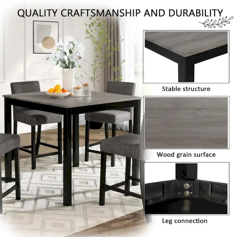 5 Piece Counter Height Table Set, Wooden Kitchen Table and Chairs Set with Square Table and 4 Upholstered Chairs