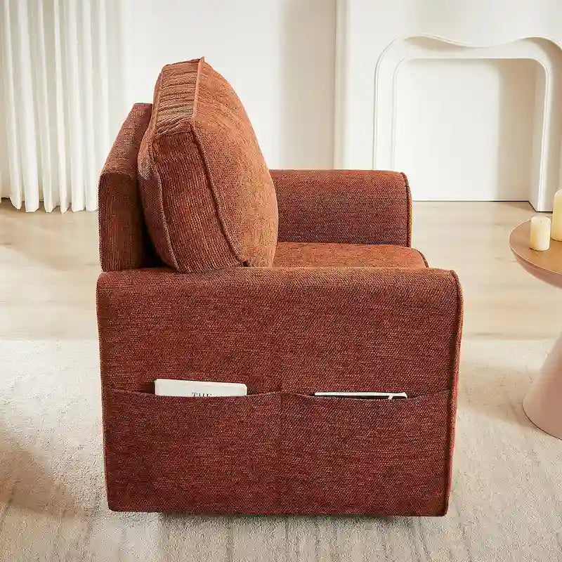 Chenille 360 Swivel Lounge Chair, Modern Armchair with Side Pockets Swivel Sofa Chair Ergonomic Recliner Chair for Bedroom