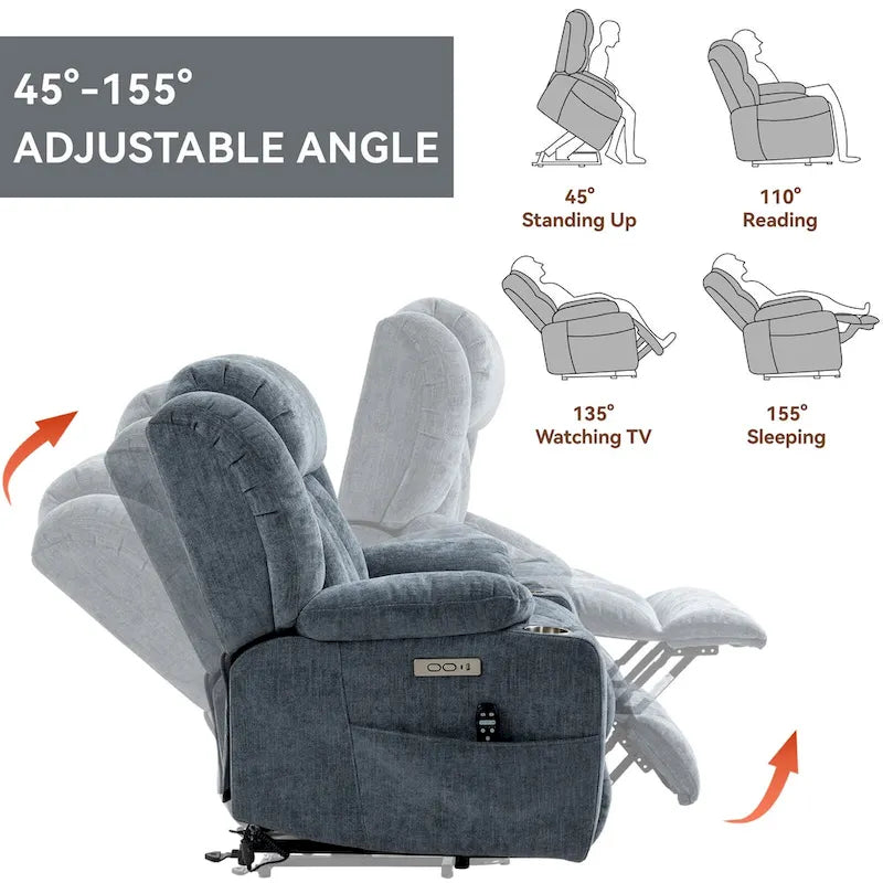 Blue Chenille Upholstered Power Lift Recliner with 8-Point Vibration Massage, Lumbar Heating, USB & Type-C Ports, Cup Holders