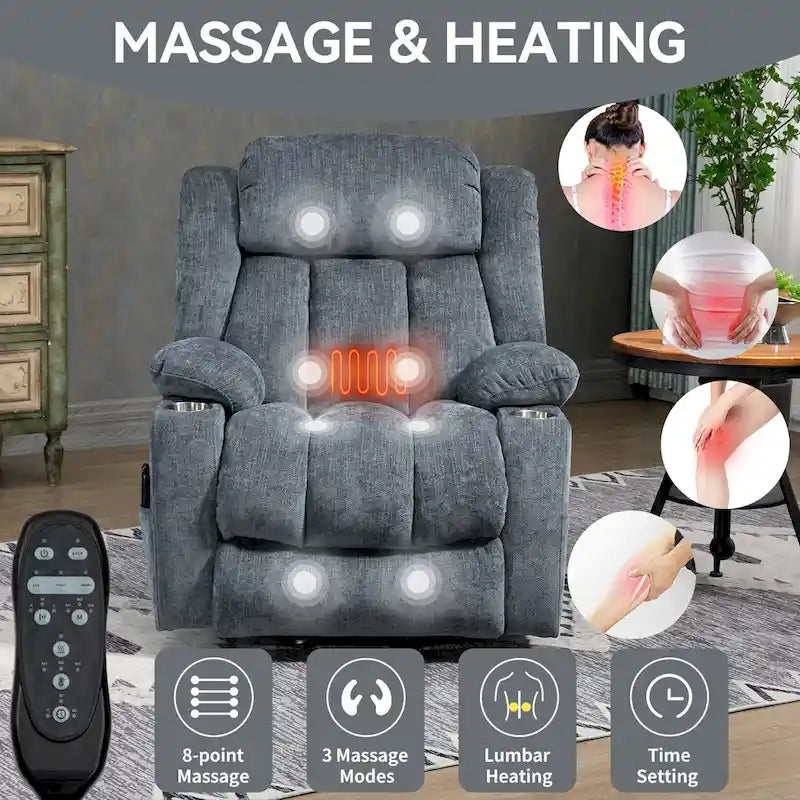 Blue Chenille Upholstered Power Lift Recliner with 8-Point Vibration Massage, Lumbar Heating, USB & Type-C Ports, Cup Holders