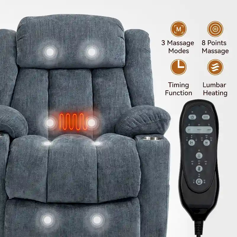 Blue Chenille Upholstered Power Lift Recliner with 8-Point Vibration Massage, Lumbar Heating, USB & Type-C Ports, Cup Holders