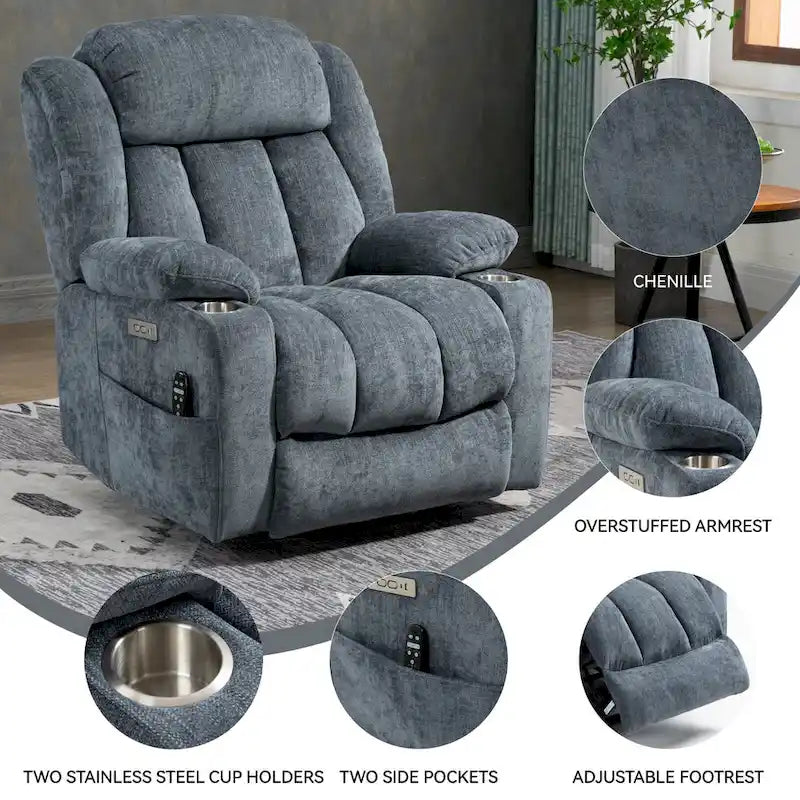 Blue Chenille Upholstered Power Lift Recliner with 8-Point Vibration Massage, Lumbar Heating, USB & Type-C Ports, Cup Holders