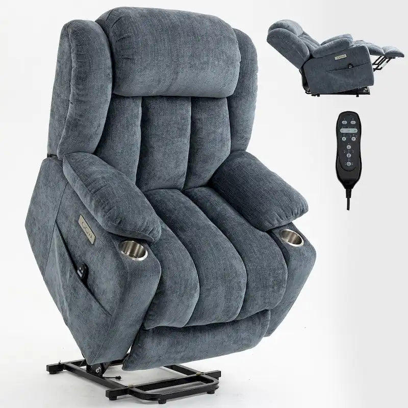 Blue Chenille Upholstered Power Lift Recliner with 8-Point Vibration Massage, Lumbar Heating, USB & Type-C Ports, Cup Holders