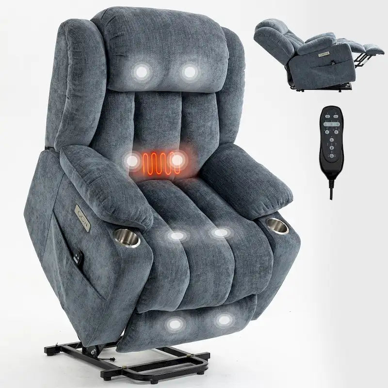 Blue Chenille Upholstered Power Lift Recliner with 8-Point Vibration Massage, Lumbar Heating, USB & Type-C Ports, Cup Holders