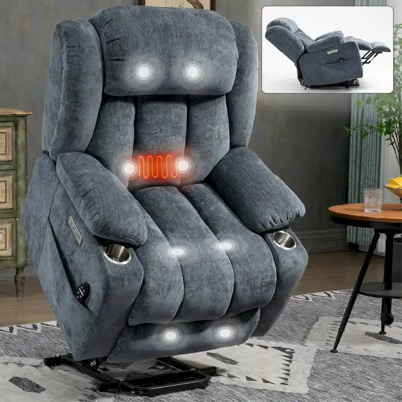 Blue Chenille Upholstered Power Lift Recliner with 8-Point Vibration Massage, Lumbar Heating, USB & Type-C Ports, Cup Holders
