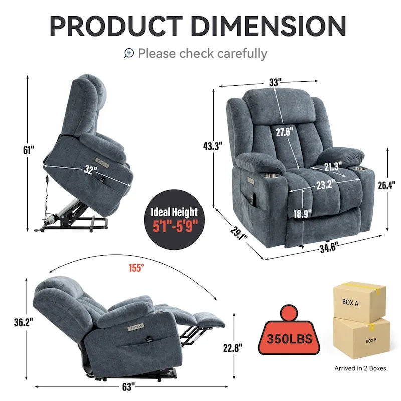 Blue Chenille Upholstered Power Lift Recliner with 8-Point Vibration Massage, Lumbar Heating, USB & Type-C Ports, Cup Holders