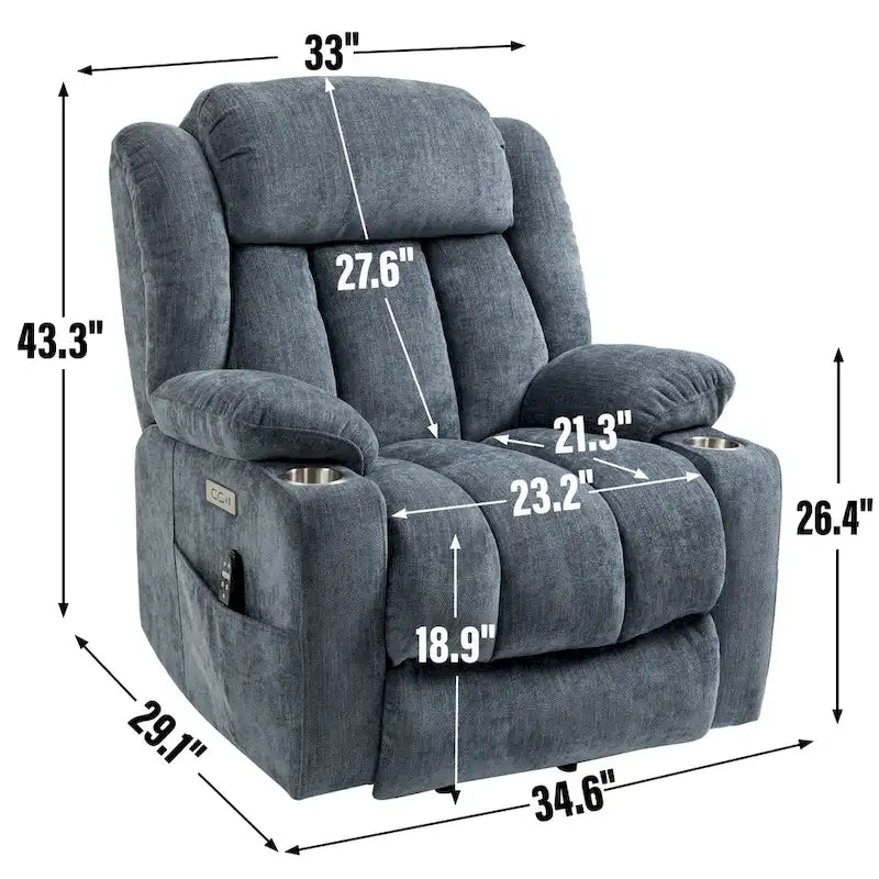 Blue Chenille Upholstered Power Lift Recliner with 8-Point Vibration Massage, Lumbar Heating, USB & Type-C Ports, Cup Holders