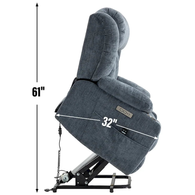 Blue Chenille Upholstered Power Lift Recliner with 8-Point Vibration Massage, Lumbar Heating, USB & Type-C Ports, Cup Holders