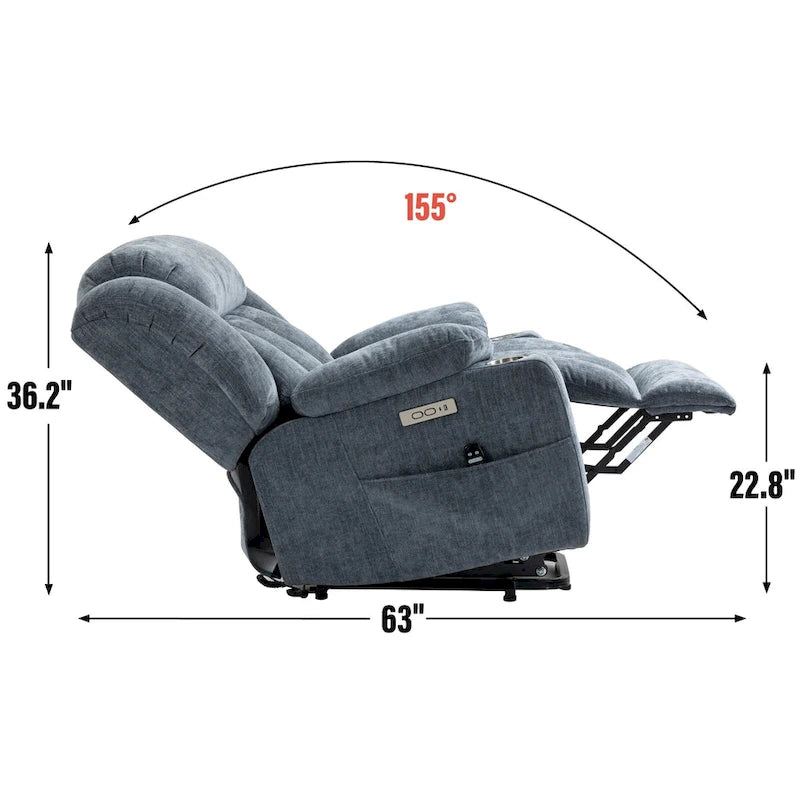 Blue Chenille Upholstered Power Lift Recliner with 8-Point Vibration Massage, Lumbar Heating, USB & Type-C Ports, Cup Holders