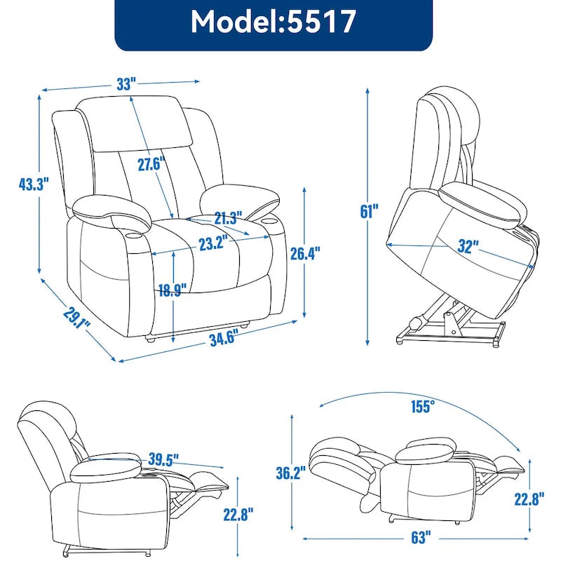 Blue Chenille Upholstered Power Lift Recliner with 8-Point Vibration Massage, Lumbar Heating, USB & Type-C Ports, Cup Holders