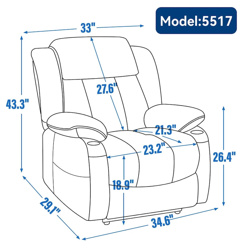 Blue Chenille Upholstered Power Lift Recliner with 8-Point Vibration Massage, Lumbar Heating, USB & Type-C Ports, Cup Holders