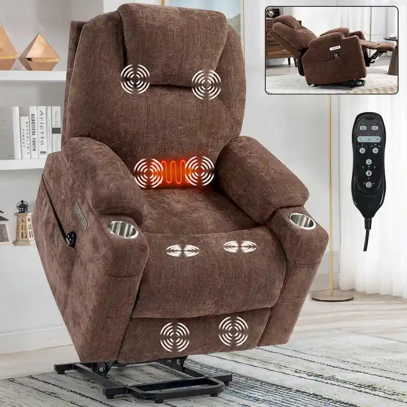 Blue Power Lift Recliner with 8-Point Massage, Heated Lumbar, Dual USB Ports, and Stainless Steel Cup Holders