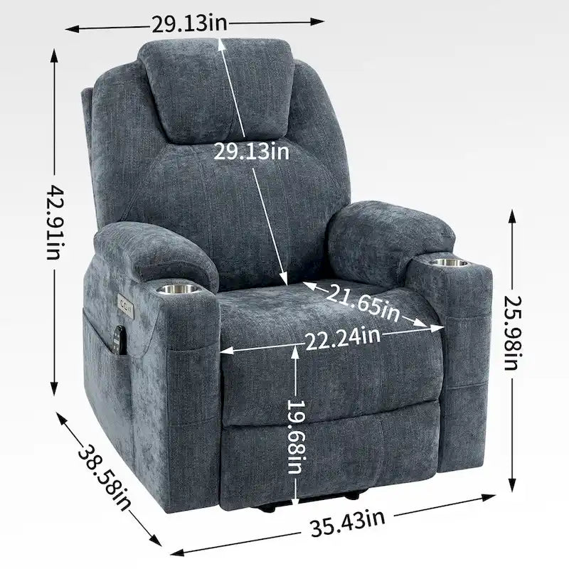 Blue Power Lift Recliner with 8-Point Massage, Heated Lumbar, Dual USB Ports, and Stainless Steel Cup Holders