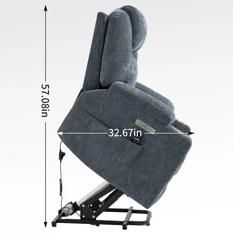 Blue Power Lift Recliner with 8-Point Massage, Heated Lumbar, Dual USB Ports, and Stainless Steel Cup Holders