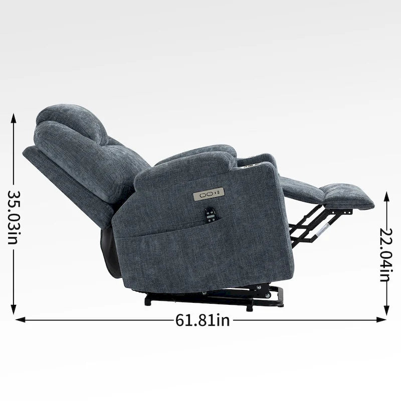 Blue Power Lift Recliner with 8-Point Massage, Heated Lumbar, Dual USB Ports, and Stainless Steel Cup Holders