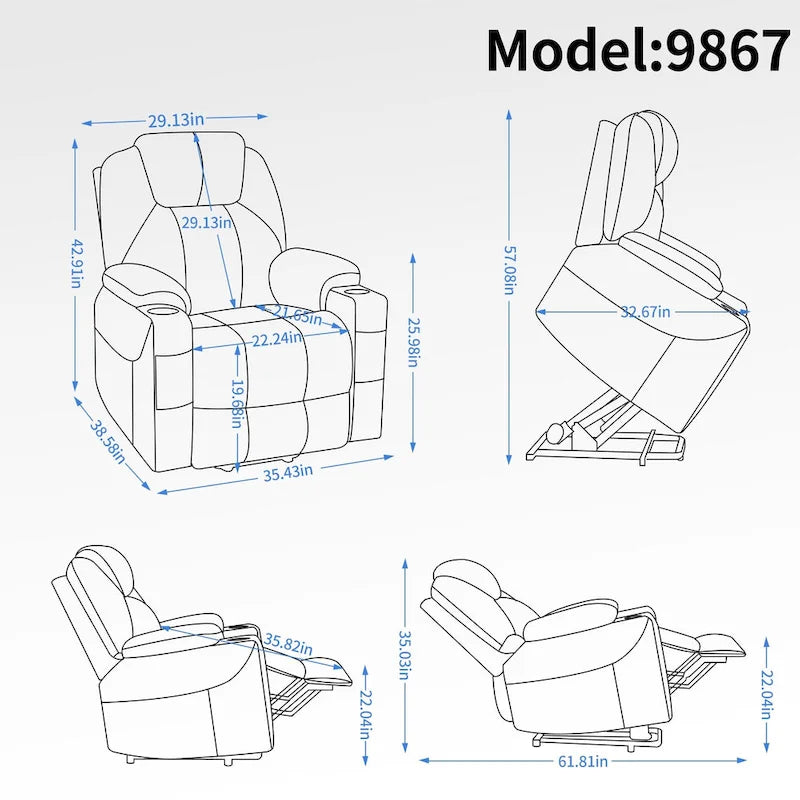 Blue Power Lift Recliner with 8-Point Massage, Heated Lumbar, Dual USB Ports, and Stainless Steel Cup Holders