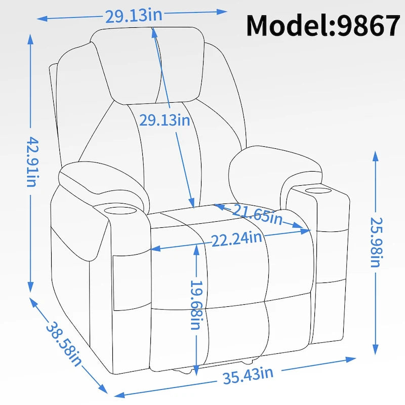 Blue Power Lift Recliner with 8-Point Massage, Heated Lumbar, Dual USB Ports, and Stainless Steel Cup Holders