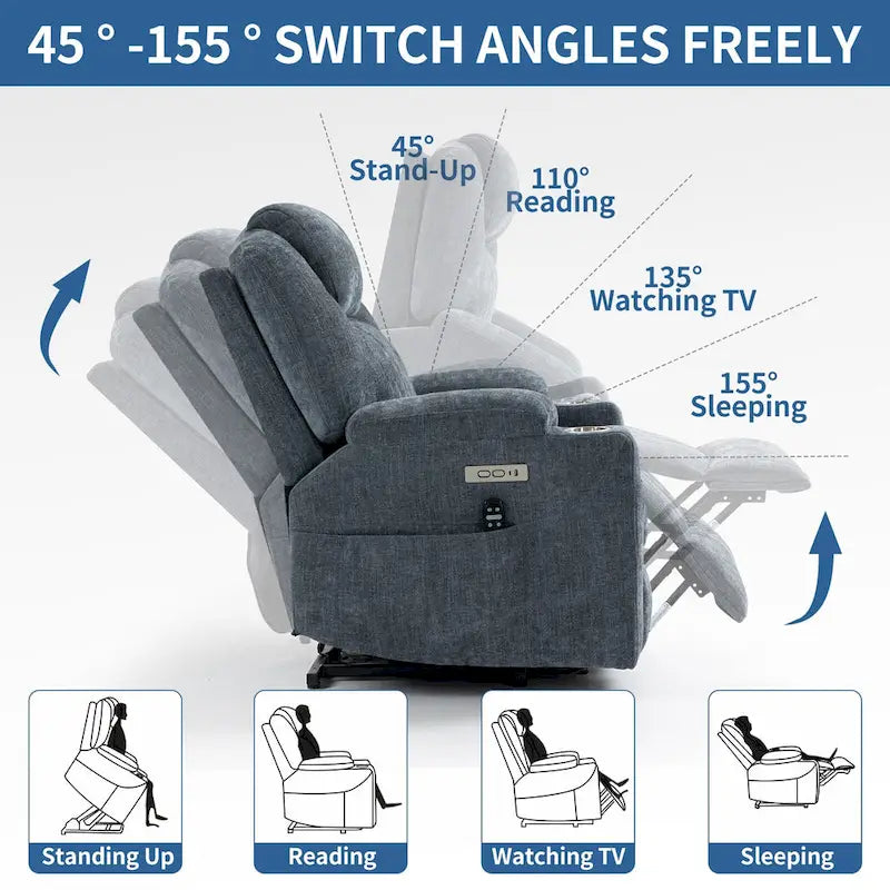 Blue Power Lift Recliner with 8-Point Massage, Heated Lumbar, Dual USB Ports, and Stainless Steel Cup Holders
