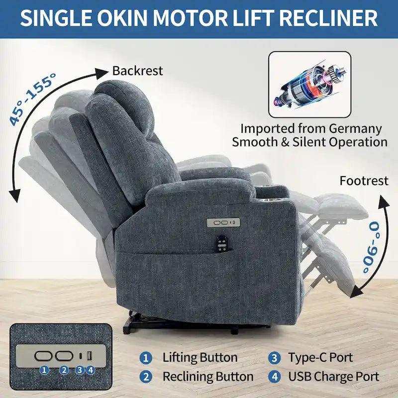 Blue Power Lift Recliner with 8-Point Massage, Heated Lumbar, Dual USB Ports, and Stainless Steel Cup Holders