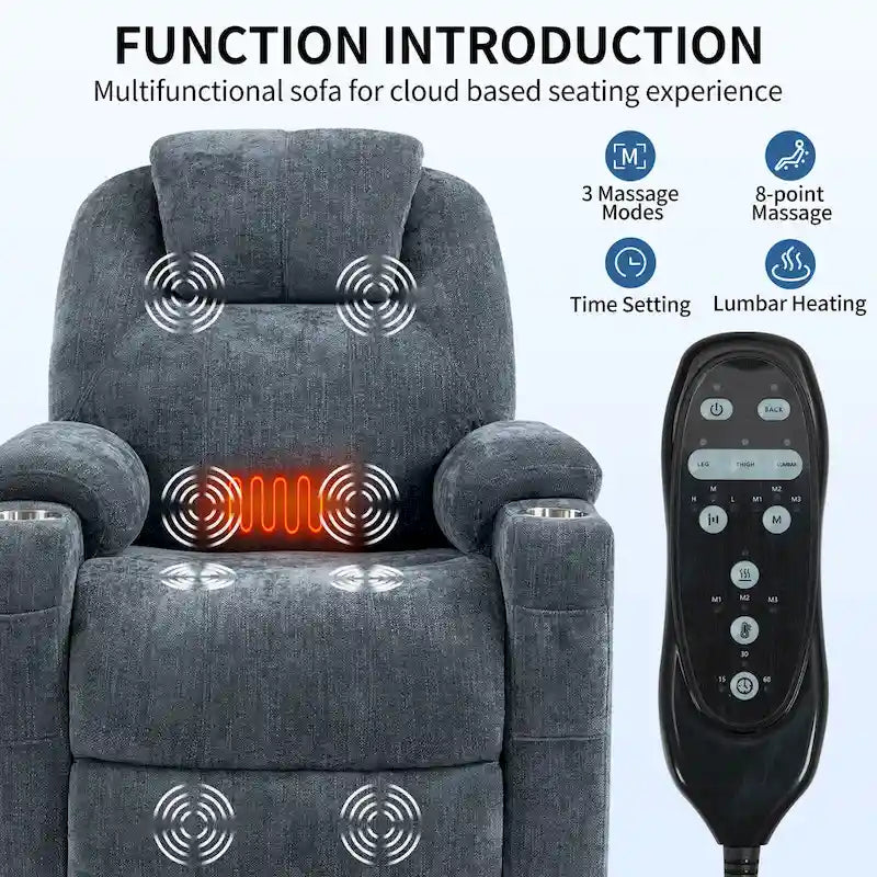 Blue Power Lift Recliner with 8-Point Massage, Heated Lumbar, Dual USB Ports, and Stainless Steel Cup Holders
