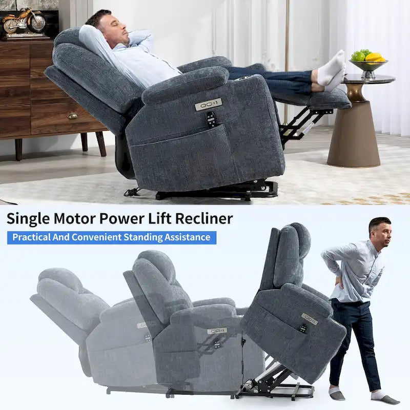 Blue Power Lift Recliner with 8-Point Massage, Heated Lumbar, Dual USB Ports, and Stainless Steel Cup Holders
