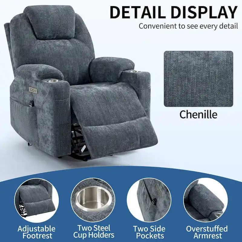Blue Power Lift Recliner with 8-Point Massage, Heated Lumbar, Dual USB Ports, and Stainless Steel Cup Holders